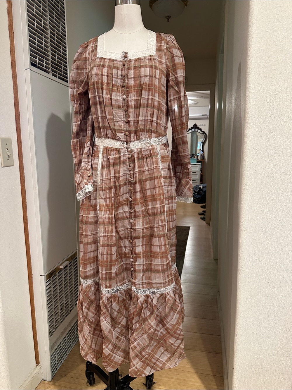 NWT Brown Plaid Button-Front Maxi Dress with Lace Trim
